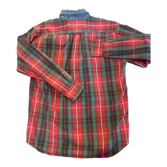 Y2K American Eagle Red Green Plaid Button-Up Shirt Denim Collar L Rugged Preppy - Picture 2 of 6